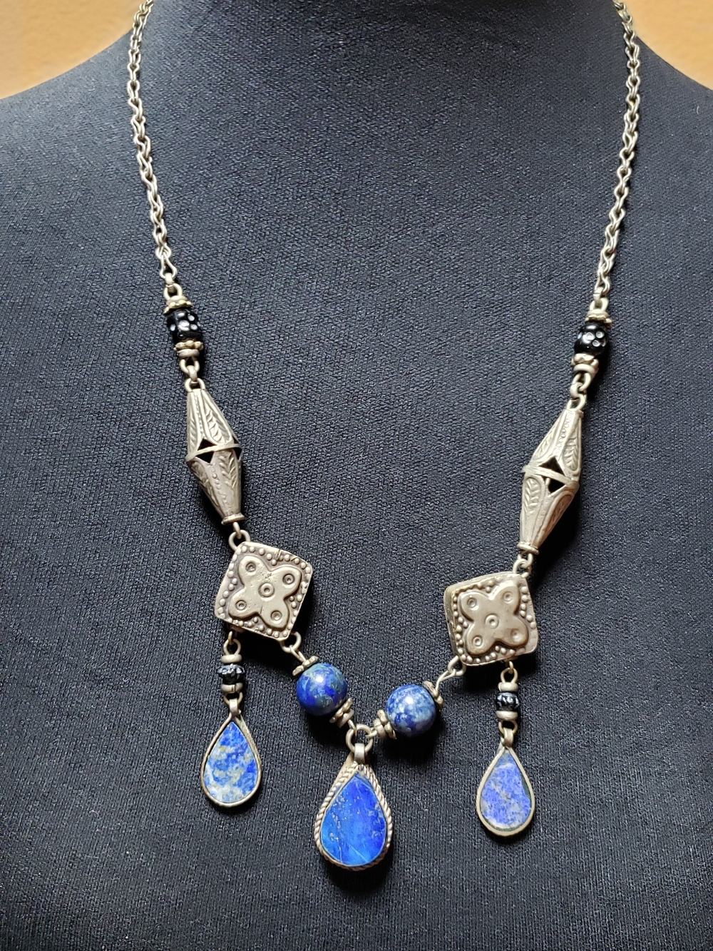 Vintage Silver-Tone Lapis Drop Necklace